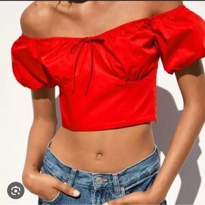 (5 for $25) Red off the shoulder, puff sleeve top from Zara.